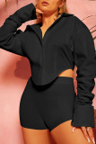 Black Sexy Solid Patchwork Buckle Asymmetrical Turndown Collar Tops