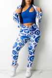 Blue White Fashion Casual Print Patchwork Turndown Collar Long Sleeve Two Pieces