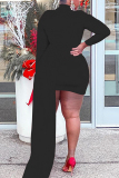 Red Sexy Casual Solid Patchwork Asymmetrical Half A Turtleneck Long Sleeve Plus Size Dresses