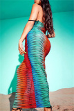Multicolor Fashion Sexy Print See-through Backless Spaghetti Strap Long Dress Dresses