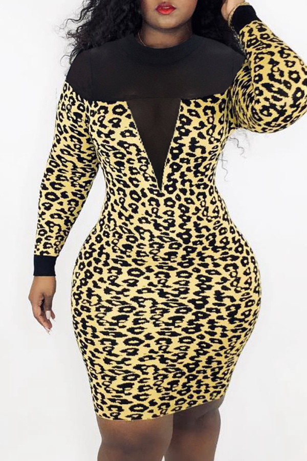Leopard Print Sexy Casual Print Patchwork See-through O Neck Long Sleeve Dresses