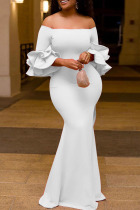 White Fashion Celebrities Solid Split Joint Off the Shoulder Pencil Skirt Dresses