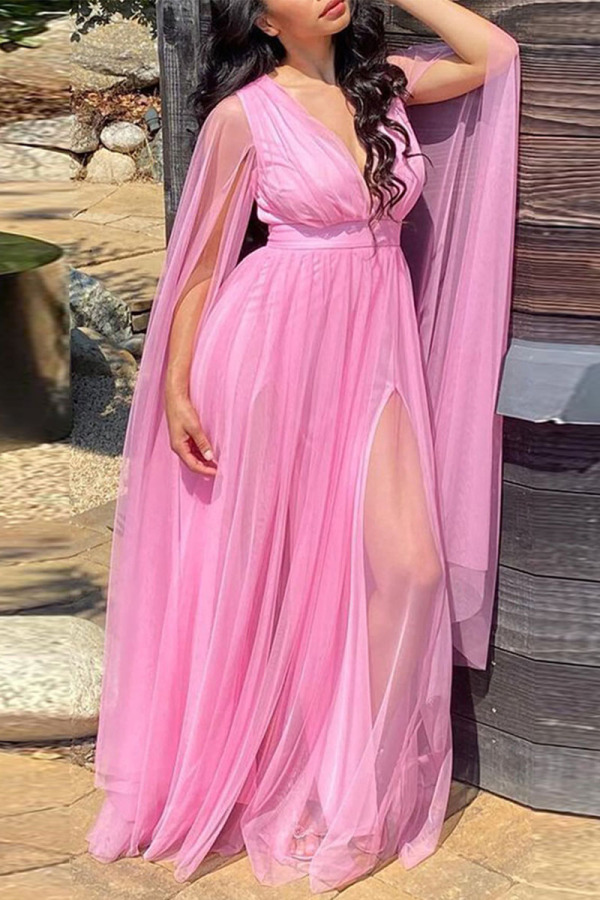 Pink Elegant Solid Patchwork See-through Slit V Neck Straight Plus Size Dresses