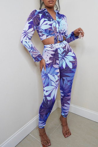 Blue Sexy Print Bandage Turndown Collar Long Sleeve Two Pieces