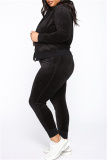Black Fashion Casual Solid Cardigan Pants Hooded Collar Plus Size Two Pieces
