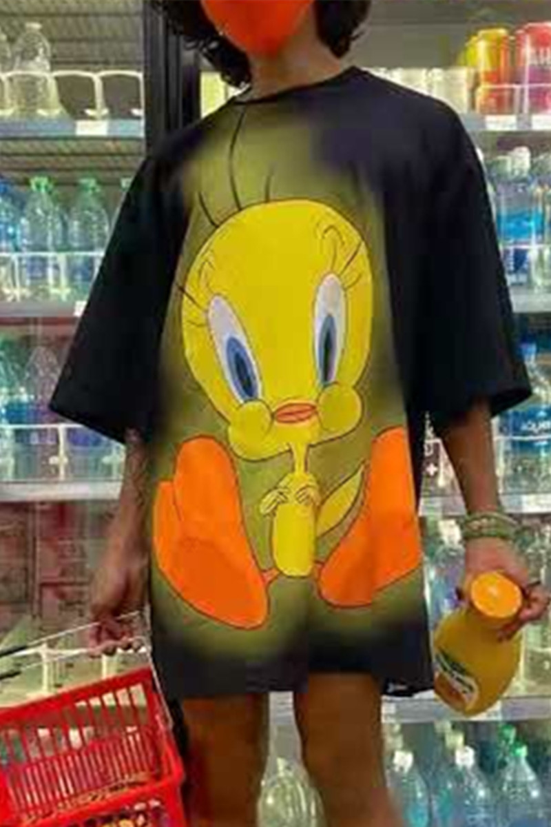 

Black Fashion Casual Cartoon Print Basic O Neck T-shirt Dress