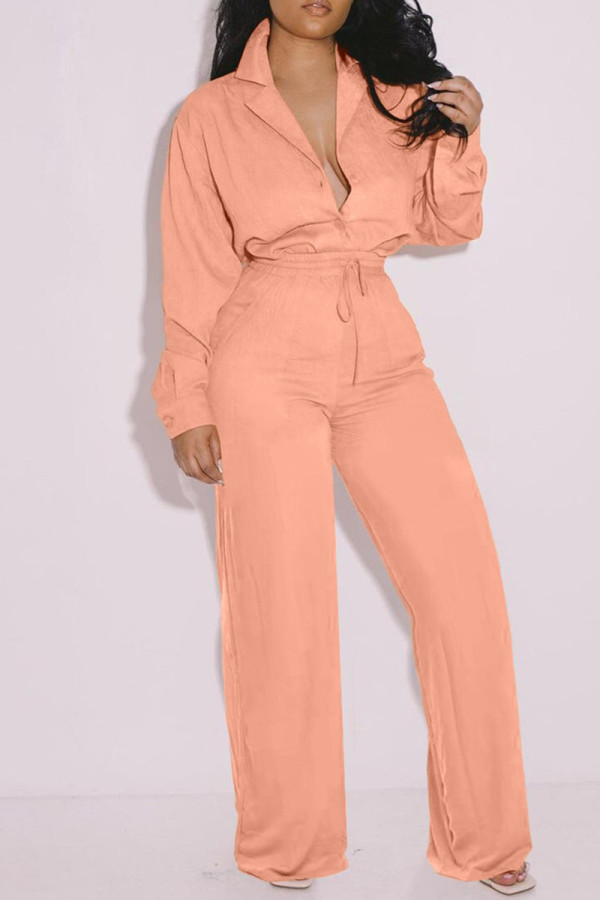 Orange Pink Fashion Casual Solid Basic Turndown Collar Long Sleeve Two Pieces