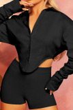 Black Sexy Solid Patchwork Buckle Asymmetrical Turndown Collar Tops
