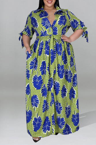 Green Sexy Print Bandage Patchwork Buttons Fold Turndown Collar Straight Plus Size Dresses