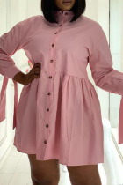 Pink Fashion Casual Solid Basic Turndown Collar Shirt Dress