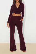 Burgundy Sexy Solid Split Joint V Neck Long Sleeve Two Pieces