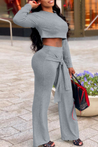 Grey Fashion Casual Solid Bandage O Neck Long Sleeve Two Pieces