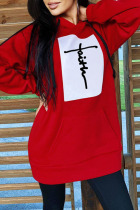 Red Fashion Casual Print Split Joint Hooded Collar Tops
