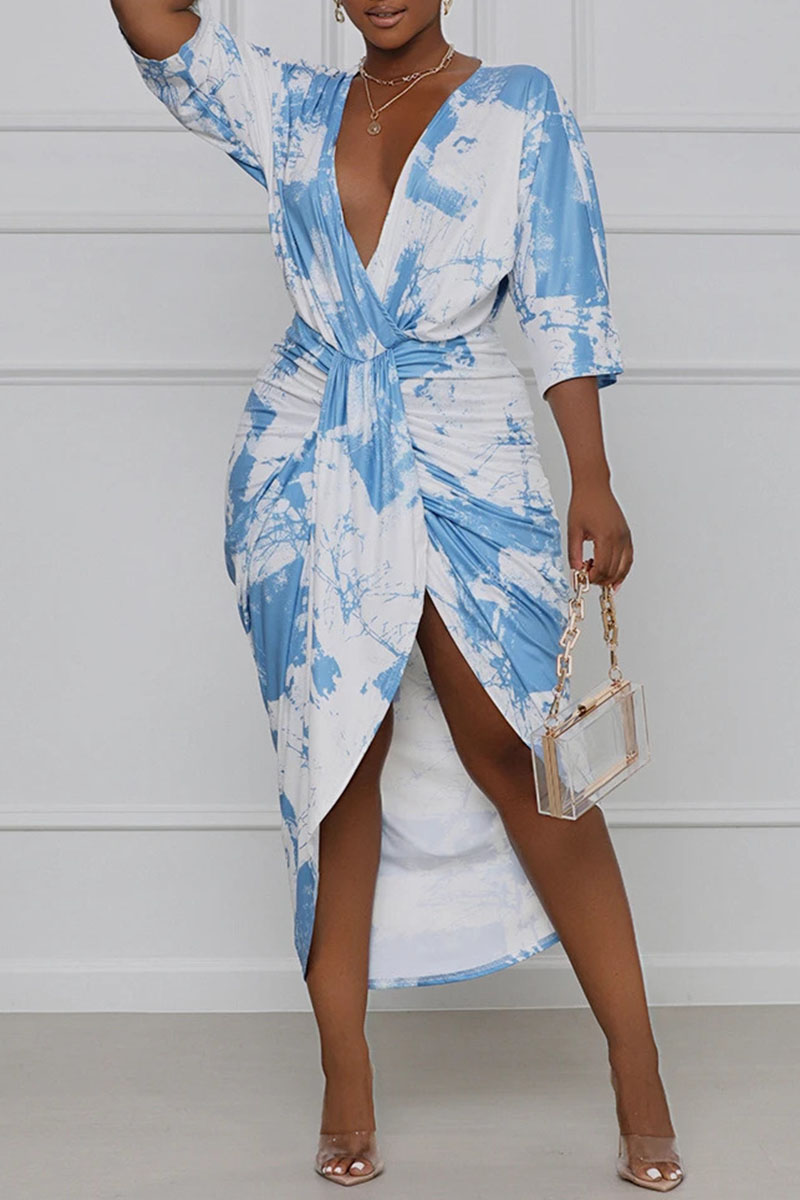 

Light Blue Fashion Street Print Split Joint V Neck Irregular Dress Plus Size Dresses