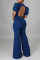 The cowboy blue Fashion Casual Solid Backless O Neck Regular Jumpsuits