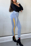 Black Fashion Street Solid Tassel High Waist Denim Jeans