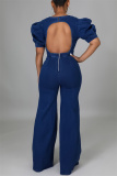 The cowboy blue Fashion Casual Solid Backless O Neck Regular Jumpsuits