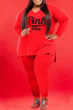 Red Fashion Casual Letter Print Slit V Neck Plus Size Two Pieces
