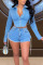 Sky Blue Sexy Street Hollowed Out Patchwork Frenulum Backless Asymmetrical Turndown Collar Long Sleeve Two Pieces