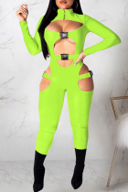 Fluorescent Green Sexy Casual Solid Hollowed Out Split Joint Turtleneck Skinny Jumpsuits