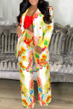 Multicolor Casual Print Split Joint Turndown Collar Long Sleeve Two Pieces