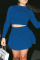 Blue Casual Solid Split Joint Fold O Neck Long Sleeve Two Pieces