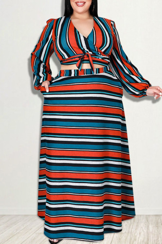 Stripe Casual Striped Print Bandage Patchwork V Neck Plus Size Two Pieces