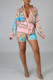 Baby Blue Casual Print Patchwork Turndown Collar Long Sleeve Two Pieces