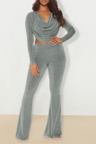 Silver Sexy Solid Patchwork V Neck Long Sleeve Two Pieces