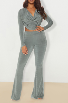 Silver Sexy Solid Split Joint V Neck Long Sleeve Two Pieces