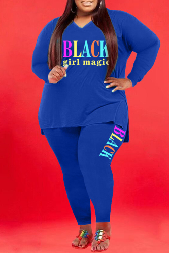 Blue Fashion Casual Letter Print Basic V Neck Plus Size Two Pieces
