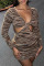 Brownness Fashion Casual Print Hollowed Out V Neck A Line Dresses