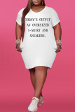 White Casual Print Patchwork V Neck Straight Plus Size Dresses