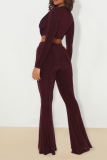 Burgundy Sexy Solid Patchwork V Neck Long Sleeve Two Pieces
