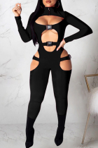 Black Sexy Casual Solid Hollowed Out Split Joint Turtleneck Skinny Jumpsuits