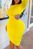 Yellow Fashion Sexy Solid Hollowed Out O Neck Long Sleeve Plus Size Dresses