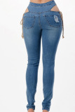 Dark Blue Fashion Street Solid Ripped Bandage High Waist Denim Jeans