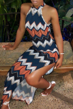 Multi-color Euramerican Side Slit Printed Ankle Length Dress