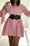 Pink Fashion Casual Solid Basic Turndown Collar Shirt Dress