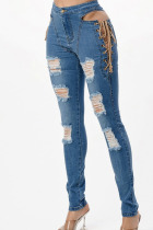 Dark Blue Fashion Street Solid Ripped Bandage High Waist Denim Jeans