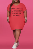 Red Casual Print Patchwork V Neck Straight Plus Size Dresses