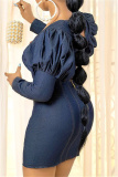 Deep Blue Fashion Sexy Solid Hollowed Out Backless O Neck Long Sleeve Dresses