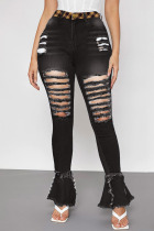 Black Fashion Street Patchwork Ripped High Waist Denim Jeans