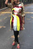Gold Fashion Tassel Short Sleeve Sequin Dress