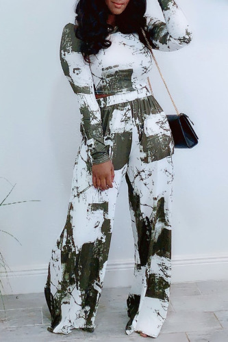 Olive Green Fashion Casual Print Patchwork O Neck Long Sleeve Two Pieces