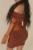 Brown Sexy Patchwork See-through Backless Off the Shoulder Long Sleeve Dresses