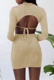 Apricot Fashion Sexy Solid Hollowed Out O Neck One Step Skirt Dresses