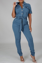 Baby Blue Fashion Casual Solid With Belt Turndown Collar Regular Jumpsuits
