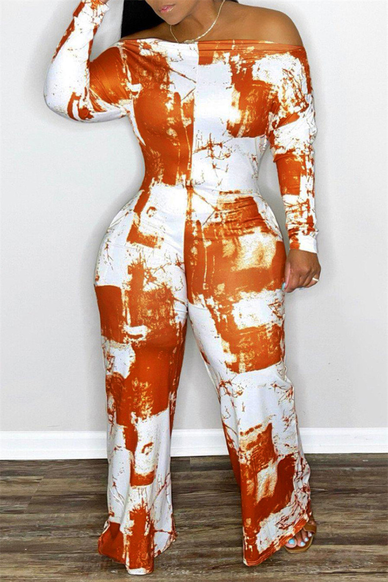 Orange Fashion Casual Print Backless Off the Shoulder Regular Jumpsuits ...