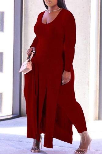 Burgundy Fashion Casual Solid Slit O Neck Plus Size Two Pieces